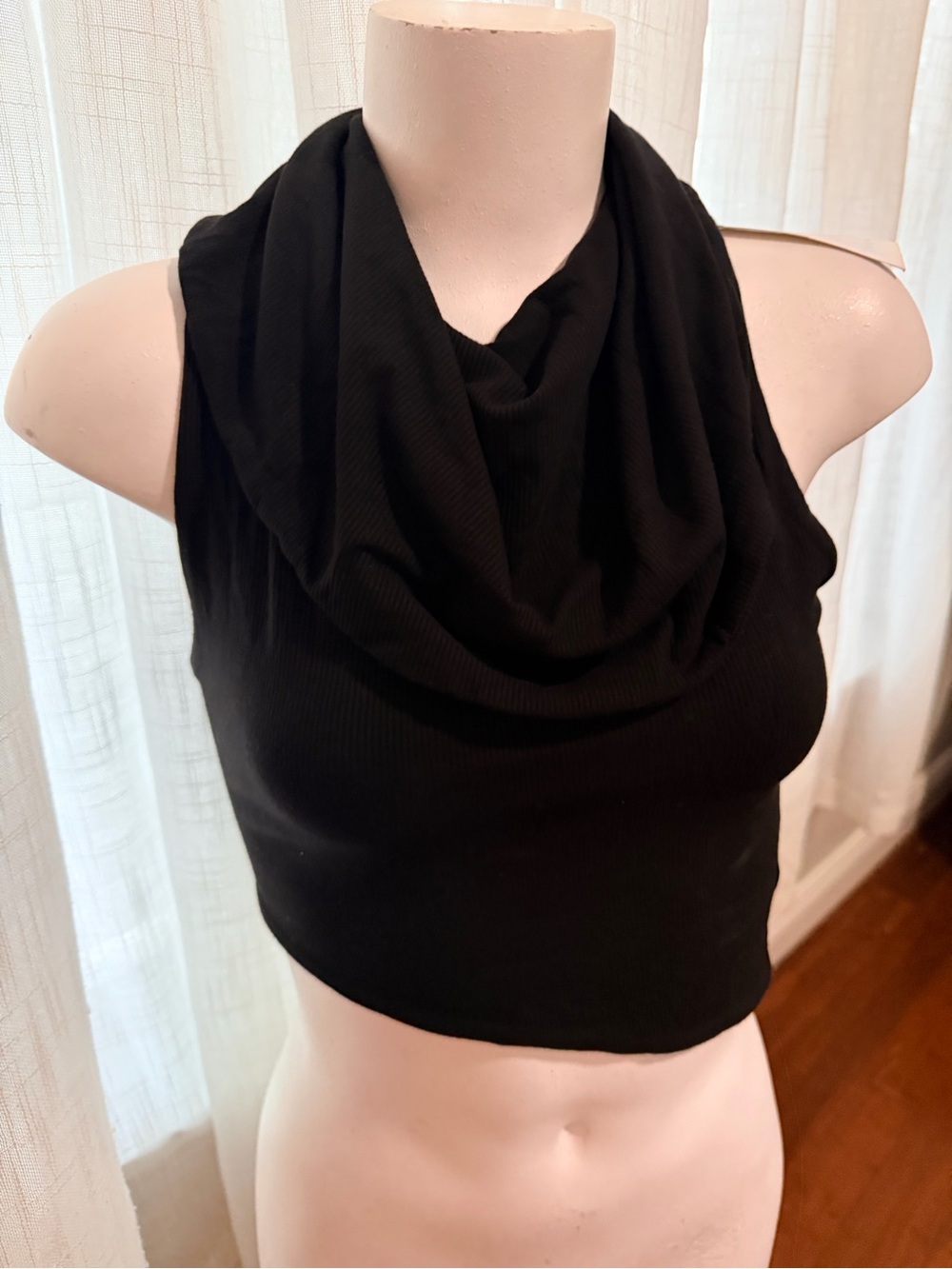 Naked Wardrobe Black Draped Cowl Neck Crop Symmetrical  Top Size Large.